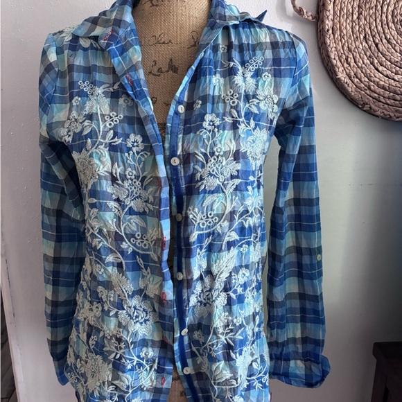 Johnny Was Blue Plaid Shirt with Floral Embroidery - Picture 1 of 4